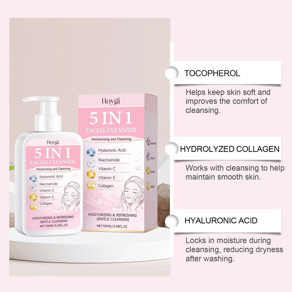 5 in 1 Moisturizing Facial Cleanser Refreshed Cleansing Makeup Remover Brightening Hydrating Light Texture Rich Foam Cleanser Qme