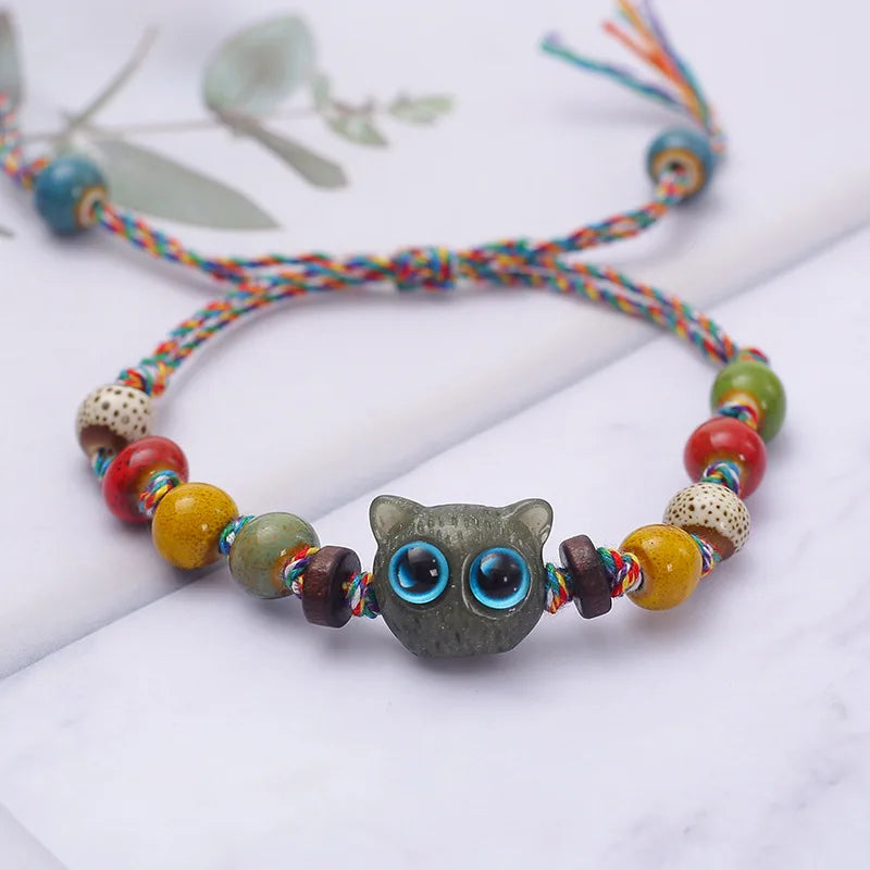 b84 Big Eyed Cat with Colorful Woven Drawstring Ceramic Bracelet Vintage Jingdezhen Handmade Bead String Jewelry Accessories Qme lv