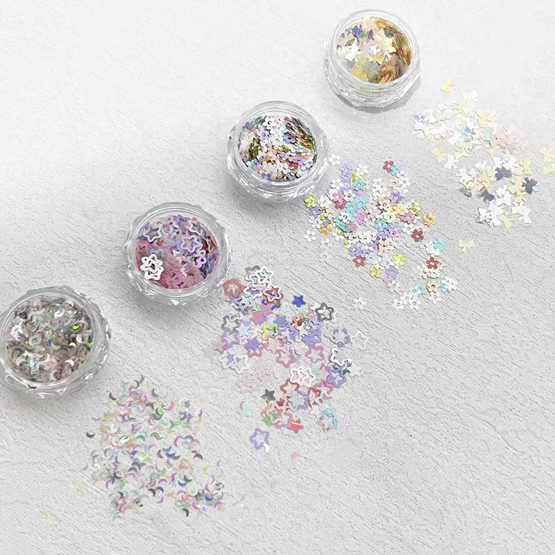 4 Fluorescent Mixed Shapes Nail Sequins Moon Star Flower Heart Art Qme