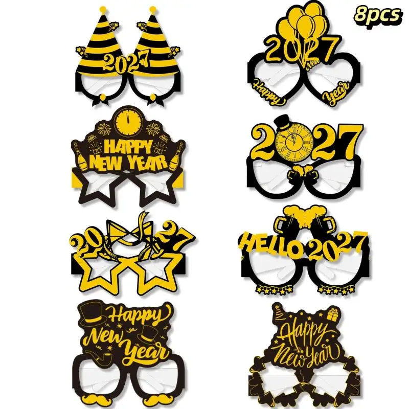 2027 Happy New Year Party Paper Glasses 8pcs Black Gold Glitter For New Years Eve Gatherings Photo Booth Props Qme A1