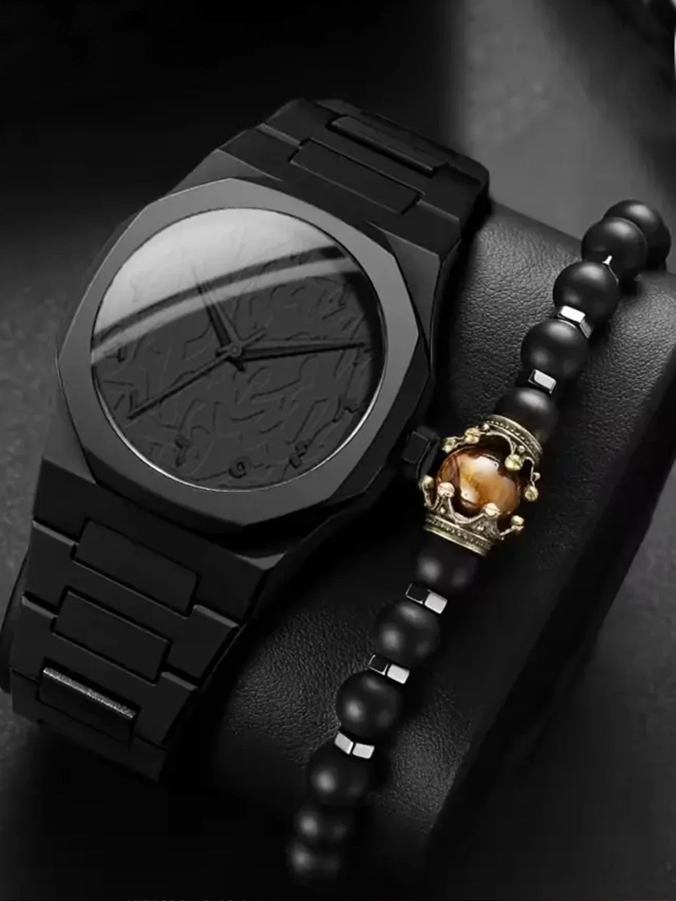 Dark Tone Minimal Watch with Vintage Crown Tiger Eye Bead Bracelet Gift Set Qme Bronze