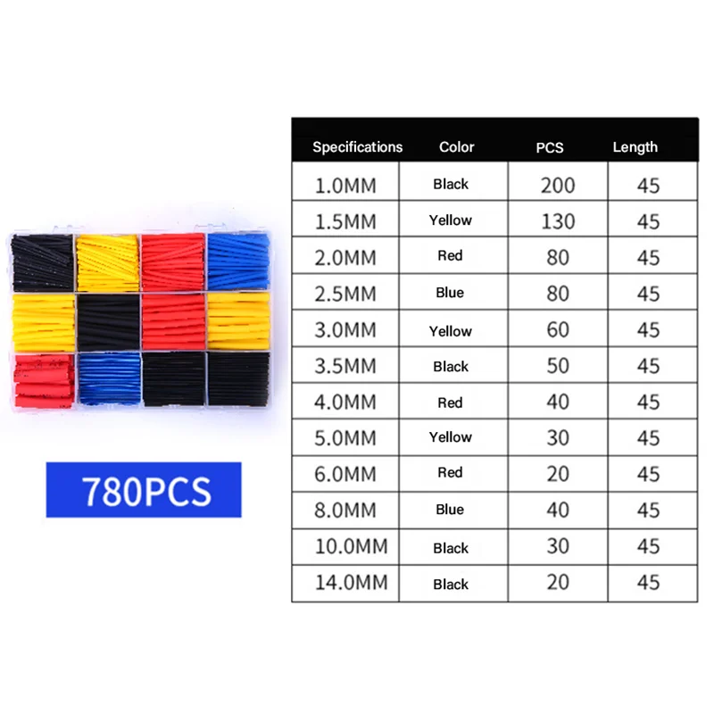 Insulation Heat-shrinkable Sheath Set Colored Thermoresistant Heat Shrink Tube Charger Cable Protector Connect Sleeved Cable Qme 780pcs Colored(Box)