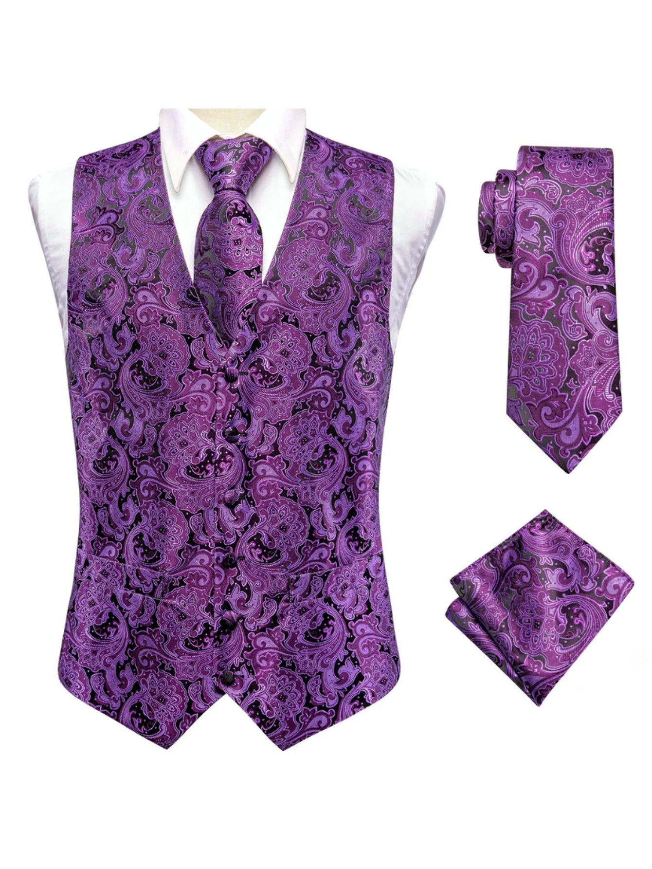 Purple Men Vest Three-Piece Suit Set, Dress Waistcoat with Tie and Pocket Square for Party Ceremony Qme MJ-0045 XXXL