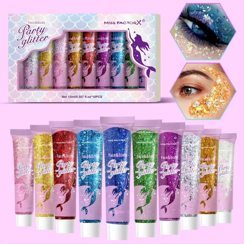 Sparkling Sequins Glitter Gel Stick 10 Color Body Glitter Gel Cosmetic Hair Glitter Festival Makeup for Christmas Party Qme