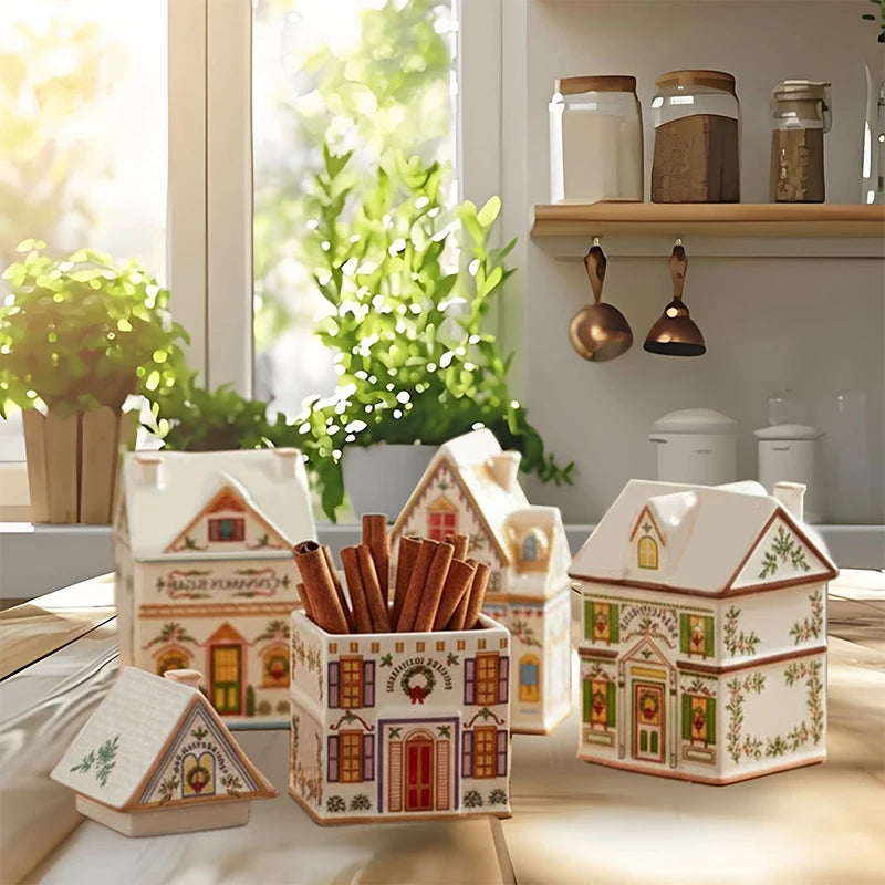 Holiday Village Spice House Set, Mini Christmas Gingerbread Houses Jars, Festive Decor Kitchen Countertop Christmas Candle Qme