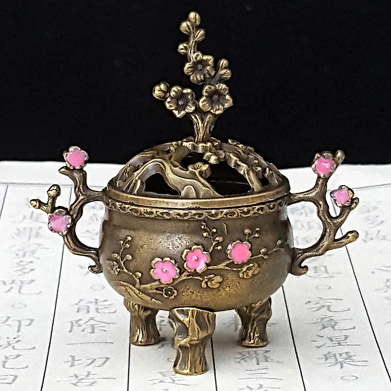 Mini Plum Blossom Lucky Incense Burner Metal Lotus Bowl Holder Handle Qme