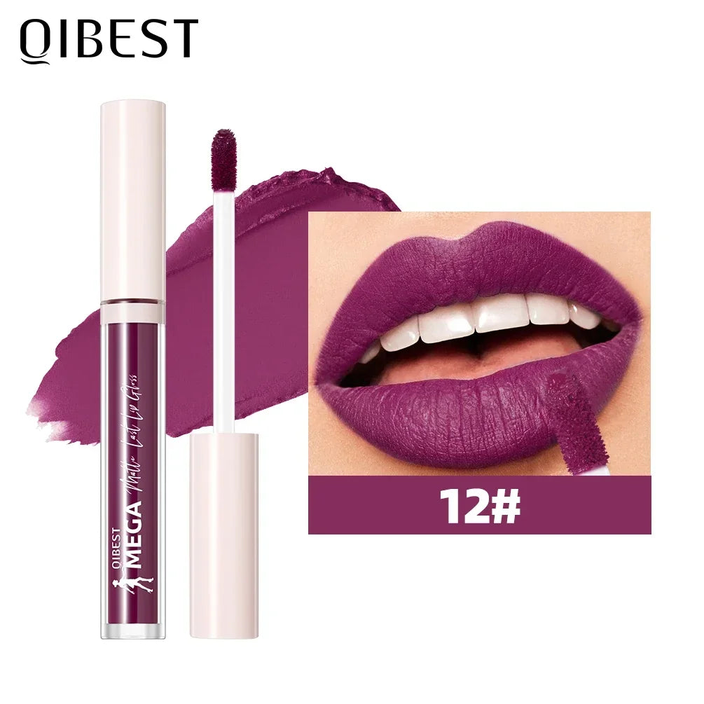 QIBEST New 24 Colors Matte Liquid Lipstick Long lasting Nude Brown Purple Lip tint Non-Stick Sexy Red Lipgloss Waterproof Makeup Qme 12