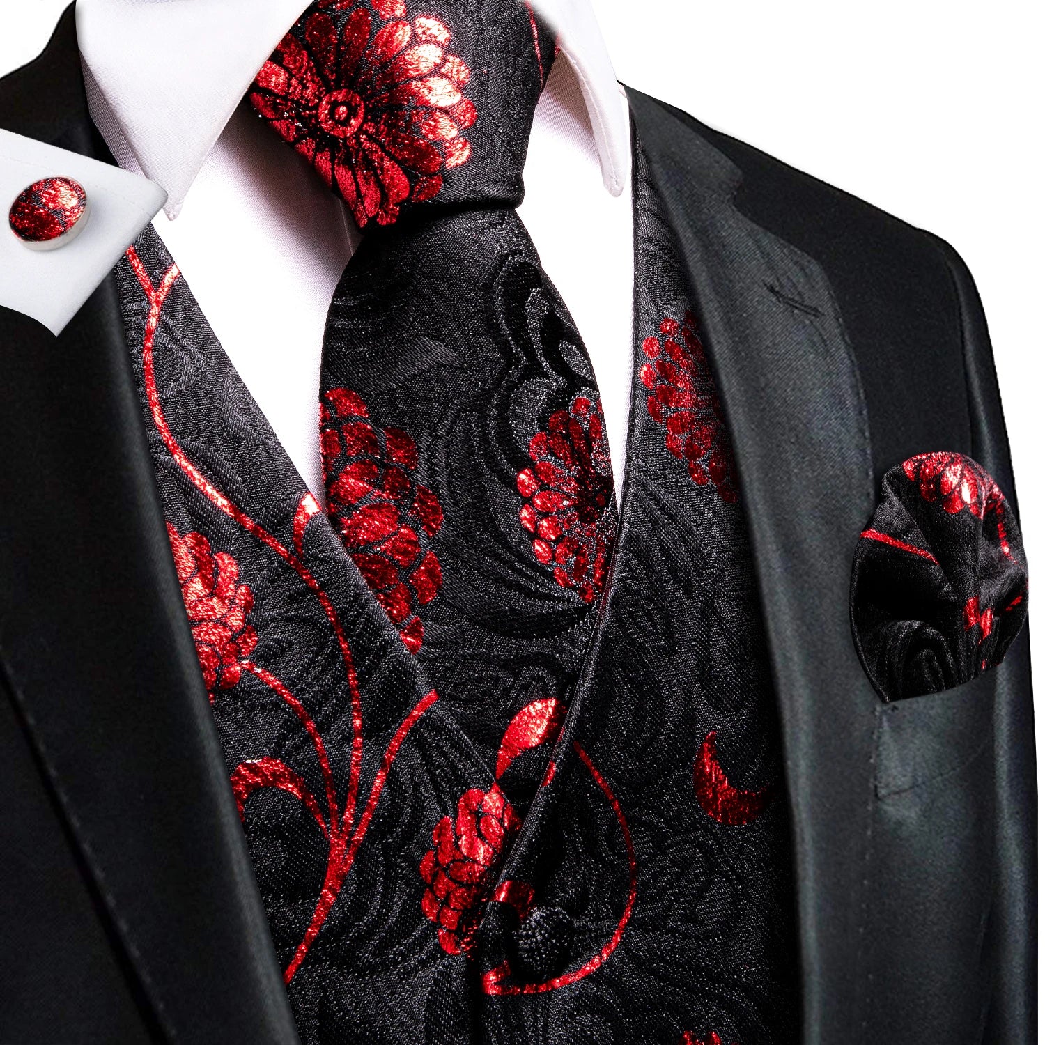 Mens Suit Vest Tie Hanky Cufflinks Jacquard Floral Paisley Waistcoat Qme