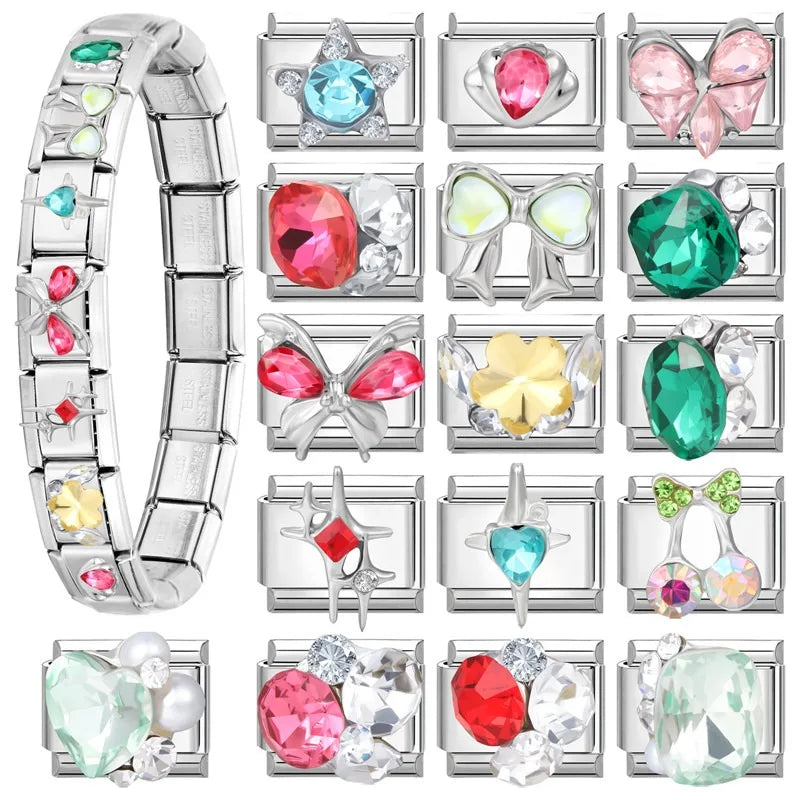 Green Blue Pink Zircon Stars Colored Cherry Italian Charm Links Fit 9mm Stainless Steel Bracelet Women Jewelry DIY Making Gifts Qme