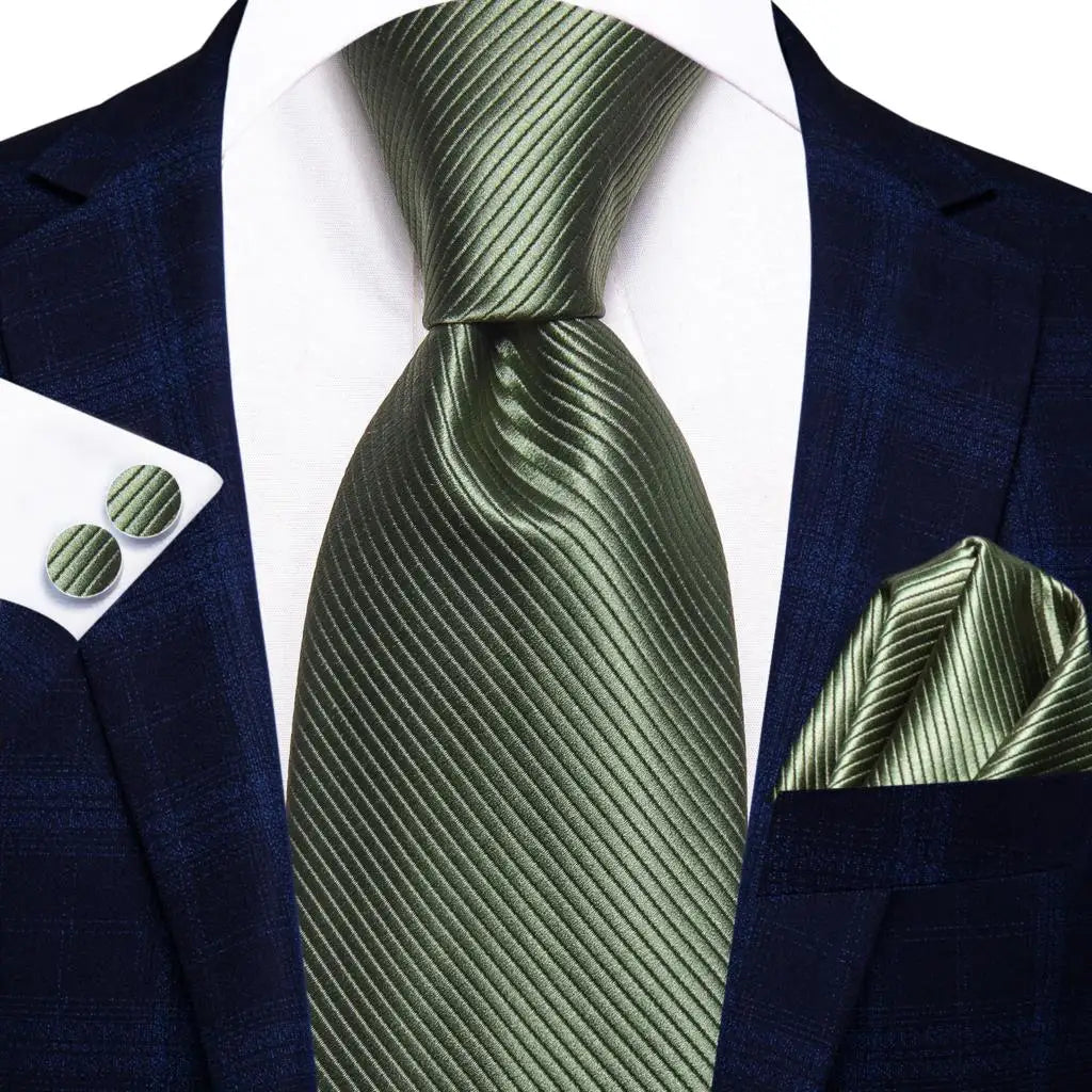 Hi-tie Men Fashion Solid Green Blue Necktie Handkerchief Cufflinks Qme SN-3707