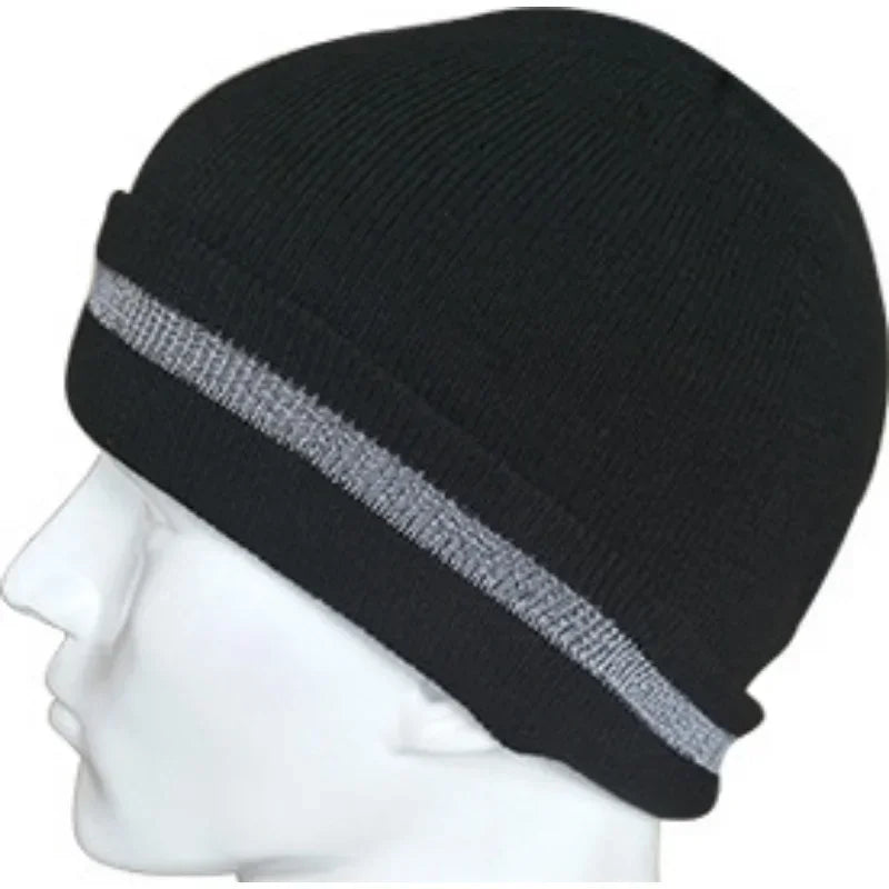 Casual Autumn Winter Warm Caps for Women and Men, Unisex Luminous Outdoor Cycling Ski Knitted Hats with Reflective Stripe Qme Black