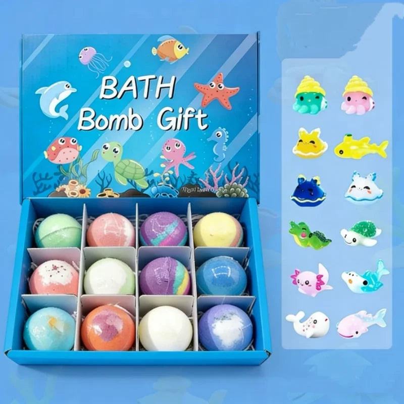 12pcs Kids Bath Bombs Set 60g Each with Surprise Toy Inside Natural Bubble Bath Fizzy Ball for Children Spa Bathtime Gift Qme ocean 60g