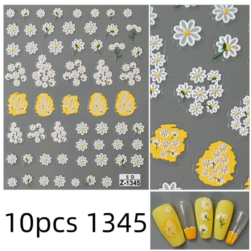5D Flower Daisy Embossed Stickers Nail Sliders Decals White Florals