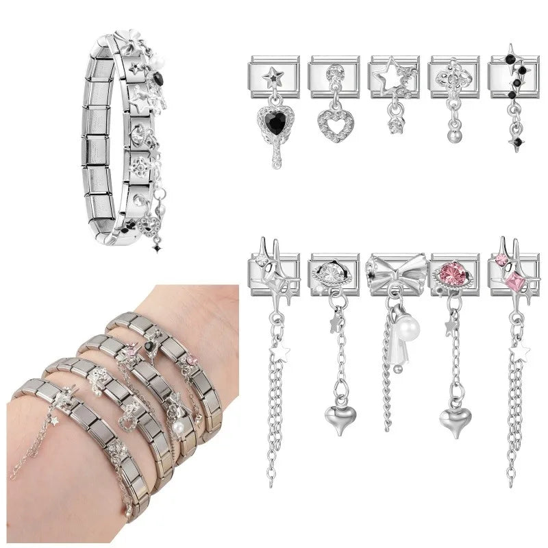 Women Zircon Pink Black Shiny Stars Heart Bow Pearl Pendant Italian Charm Links Fit 9mm Stainless Steel Bracelet DIY Making Gift Qme