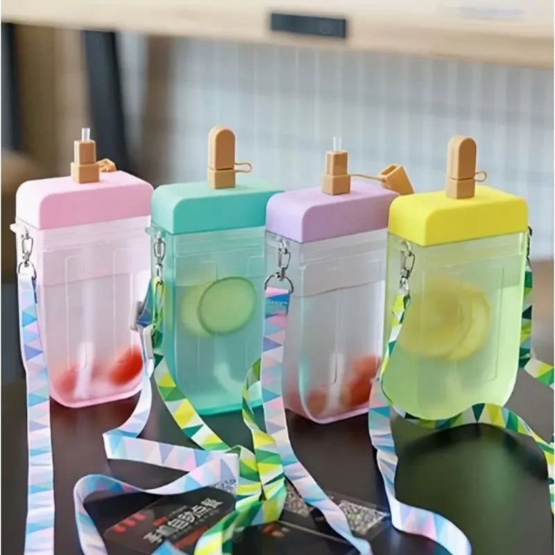 300ml popsicle ice cream cup, crossbody plastic straw water cup, simple and creative, portable cup, straw anti drop water bottle Qme