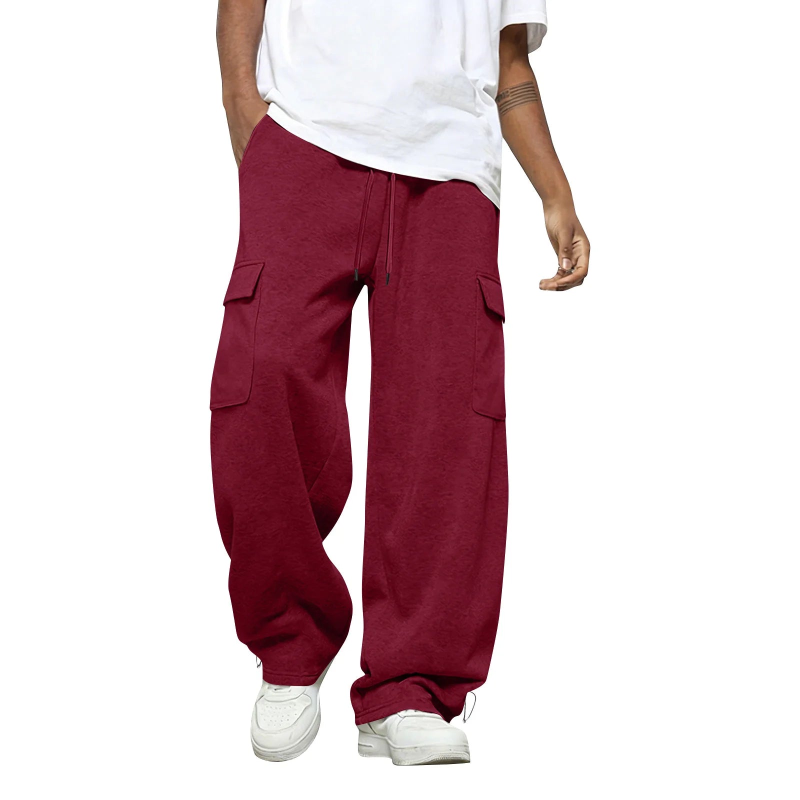 Male Basic Baggy Solid Wide Leg Sweatpants Fashion Daily Versatile Drawstring Elastic Waist Trousers Sports Hiking Comfy Pants Qme Wine XXL
