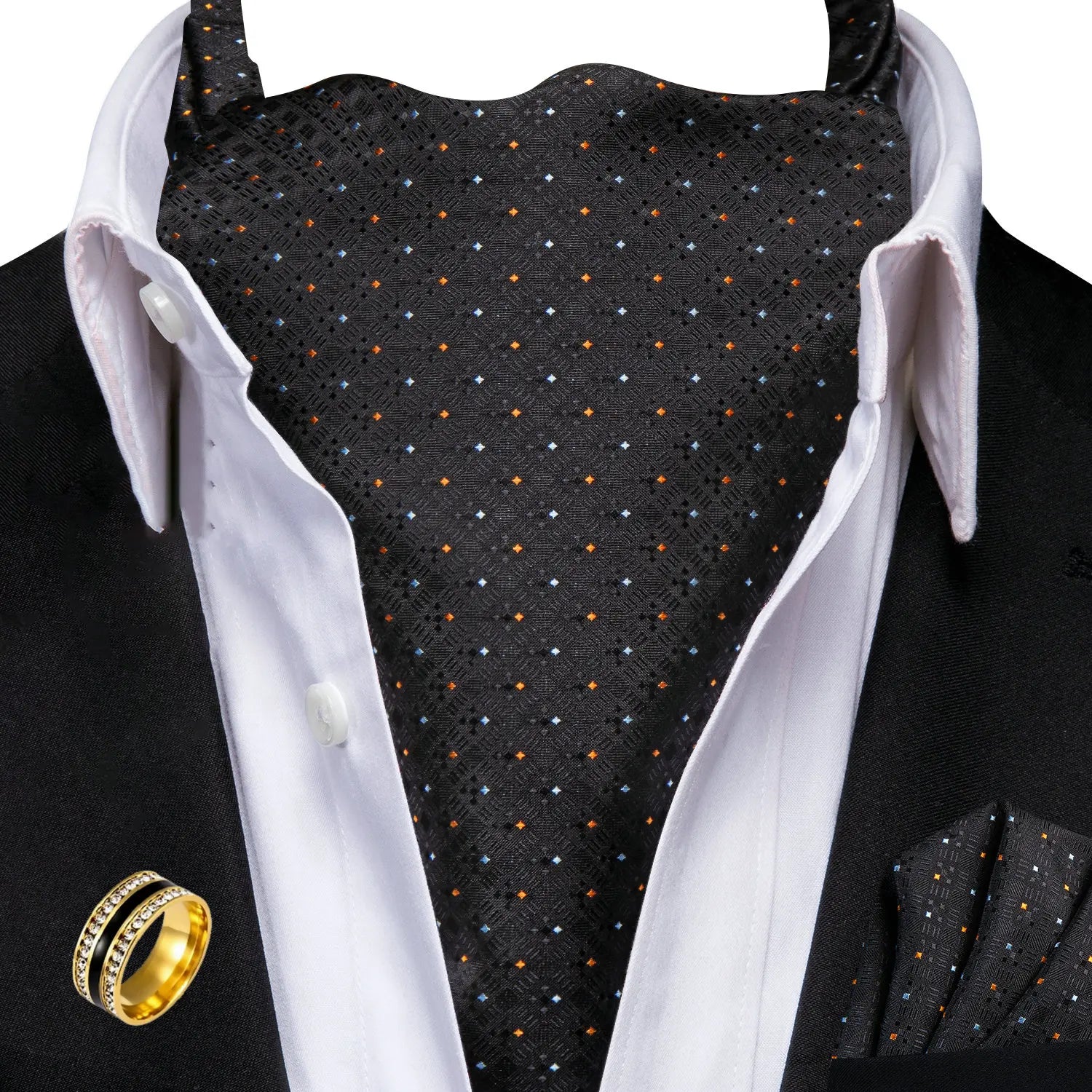 Ascot Tie Set, Classic Cravat with Pocket Square & Decorative Ring, Fashion Men's Neck Accessories Wedding Party silk Daily Wear Qme AS-1178-JZ0020