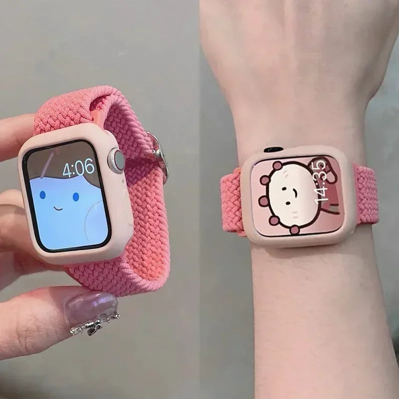 Korean Cute Braied Strap + Case For Apple Watch Band 49mm 41mm 45 44 38 42 Nylon Bracelet For iWatch Series 9 8 7 6 5 4 3 SE 40 Qme
