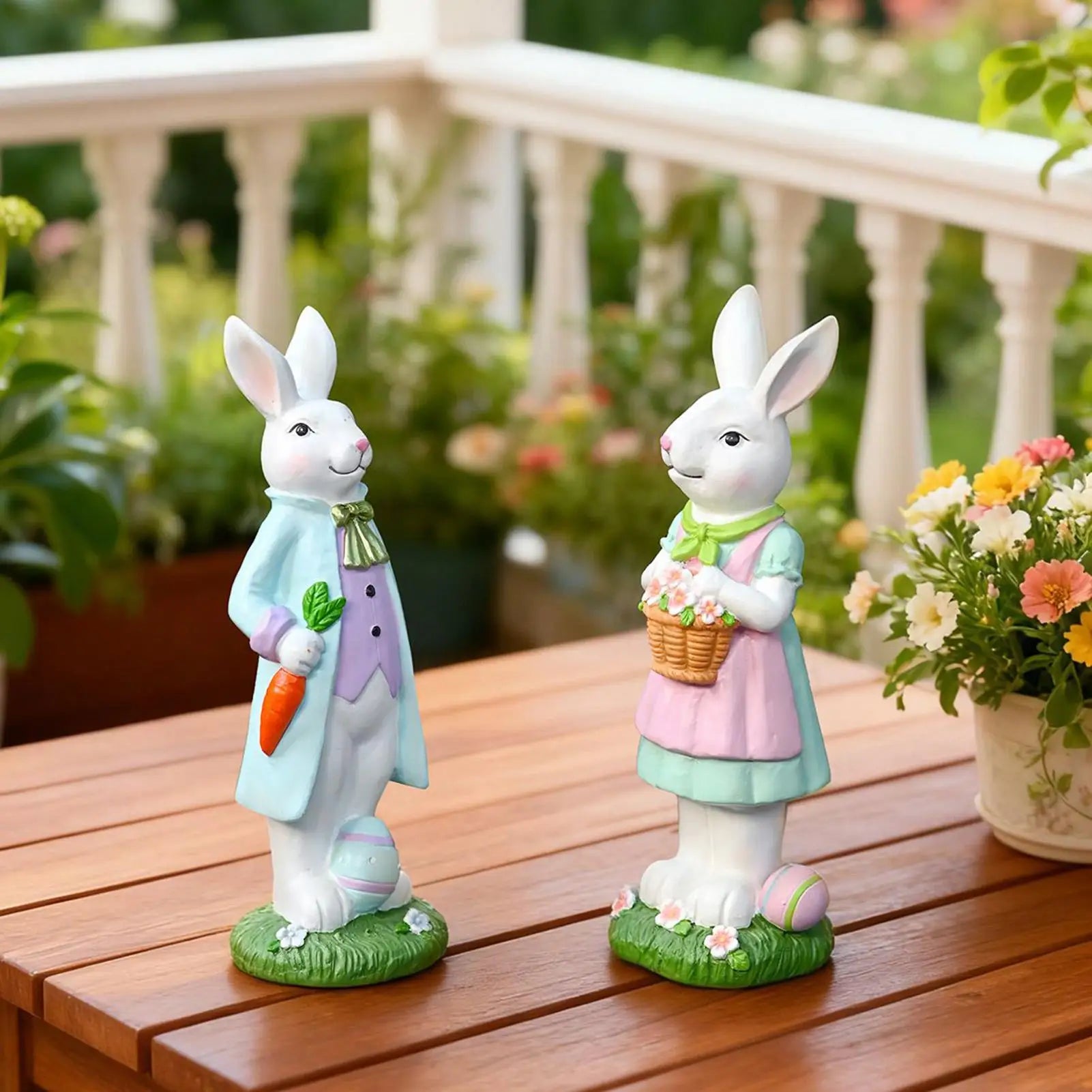 Easter Bunny Decorations Spring Resin Rabbit Statue Bunny Mantel Decoration for Home Holiday Party Outdoor Garden Porch Patio Qme
