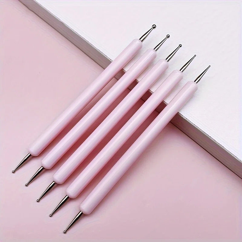 5 PCS Nail Art Dotting Tools Set, Double-Ended Embossing Stylus Pens, Dot Paint Manicure Kit - Unscented, Ideal for Nail Artists Qme Pink