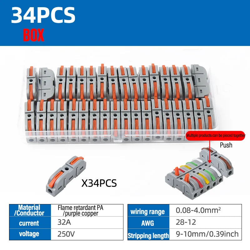Universal Lever Wire Connectors 1-To-1 Inline Compact Splicing Quick Electrical Connector Reusable Plug In Insulated Terminals Qme 211O 34PCS