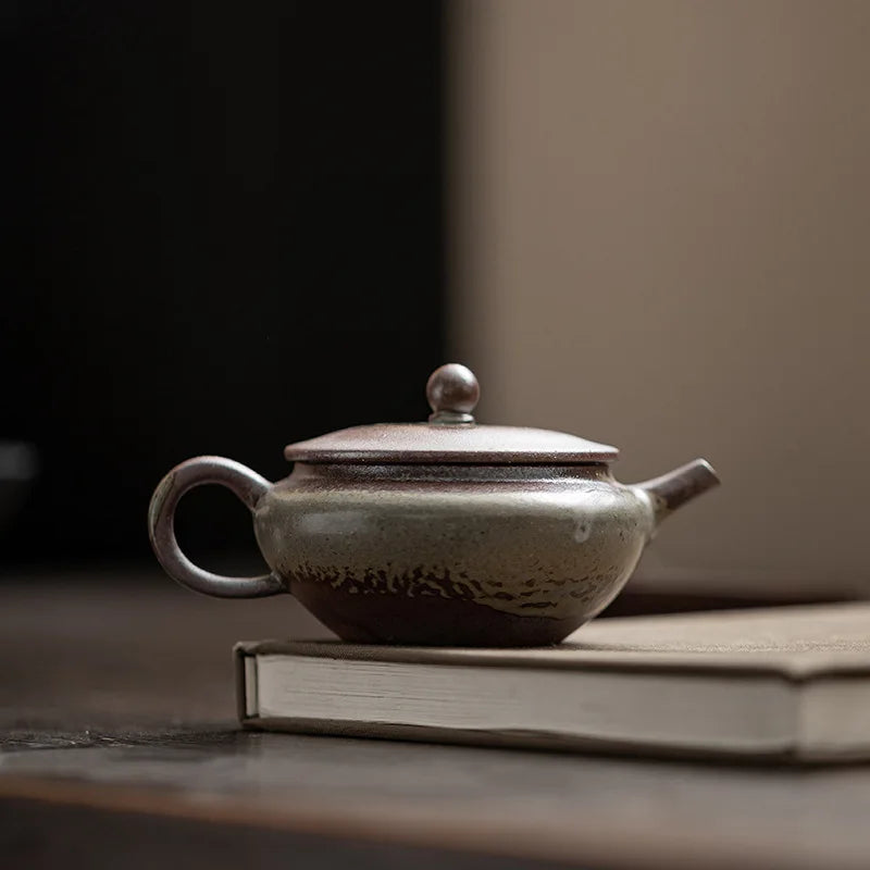 Ceramic Flat Pot Raised Teapot Chinese Retro Kung Fu Tea Kettle Qme Grey