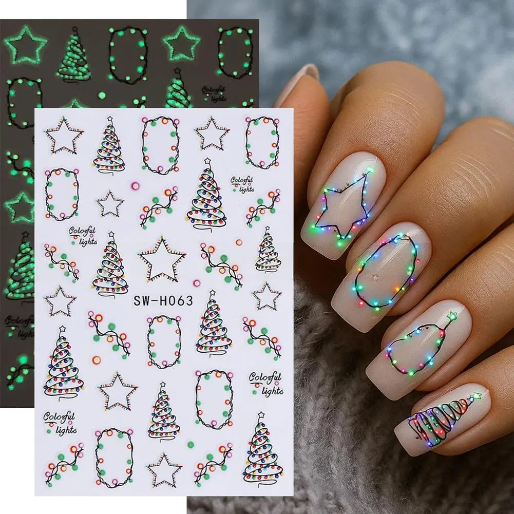 Christmas Nail Art Stickers Decals Luminous Xmas Stars Trees Nail Stickers Glow In Dark Christmas Light Nail Stickers Decoration Qme