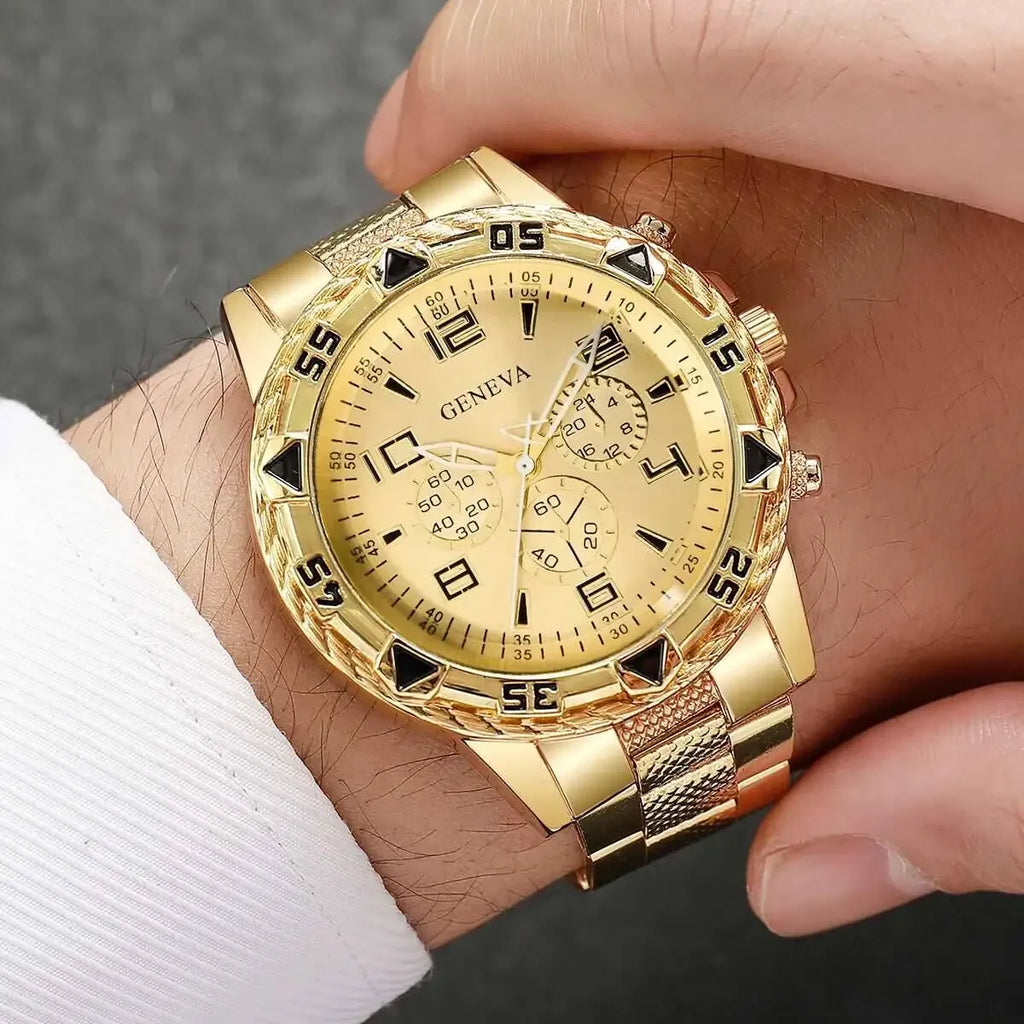 Men's Business Watch Blue Light Glass Stainless Steel Strap Quartz Qme gold