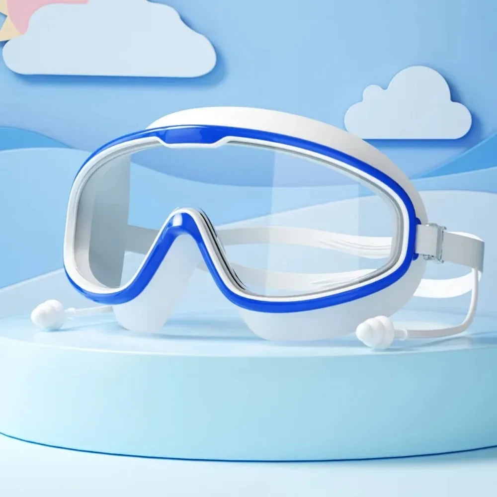 Swimming Goggles Silicone Swim Glasses Big Frame Earplugs Men Women Qme Blue Children