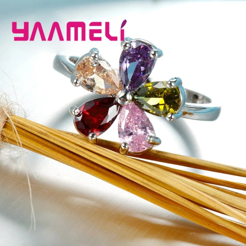 Beautiful Flower Shape Colorful Crystal 925 Sterling Silver Color Women Wedding Engagement Rings Fashion Party Finger Jewelry Qme