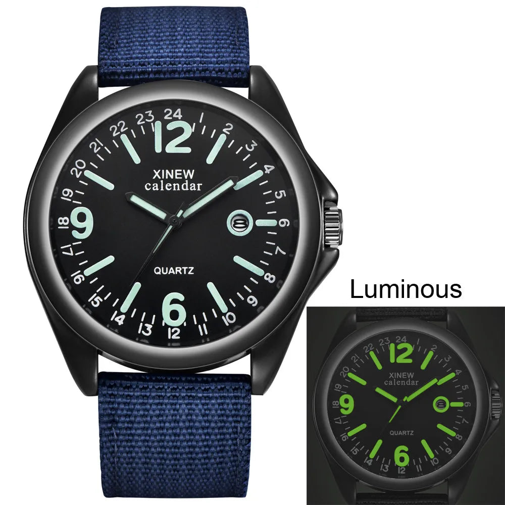 Man’s Luminous Fashion And Casual Versatile Canvas Strap Calendar Quartz Watch Basic Simple No Waterproof Black Round Dial Reloj Qme Blue No