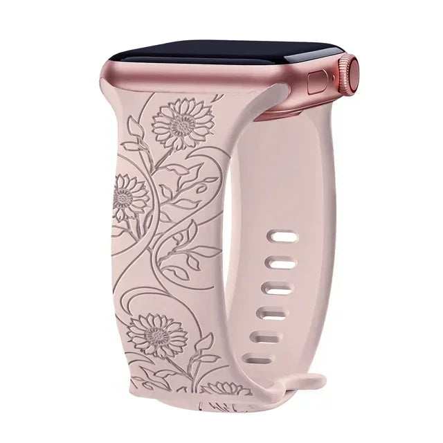 Floral Engraved Strap For Apple Watch Band 40mm 44mm 41mm 49mm 45mm 38mm 42mm silicone bracelet iwatch series 9 7 se 6 8 ultra 2 Qme Sunflower Pink 42mm 44mm 45mm 49mm
