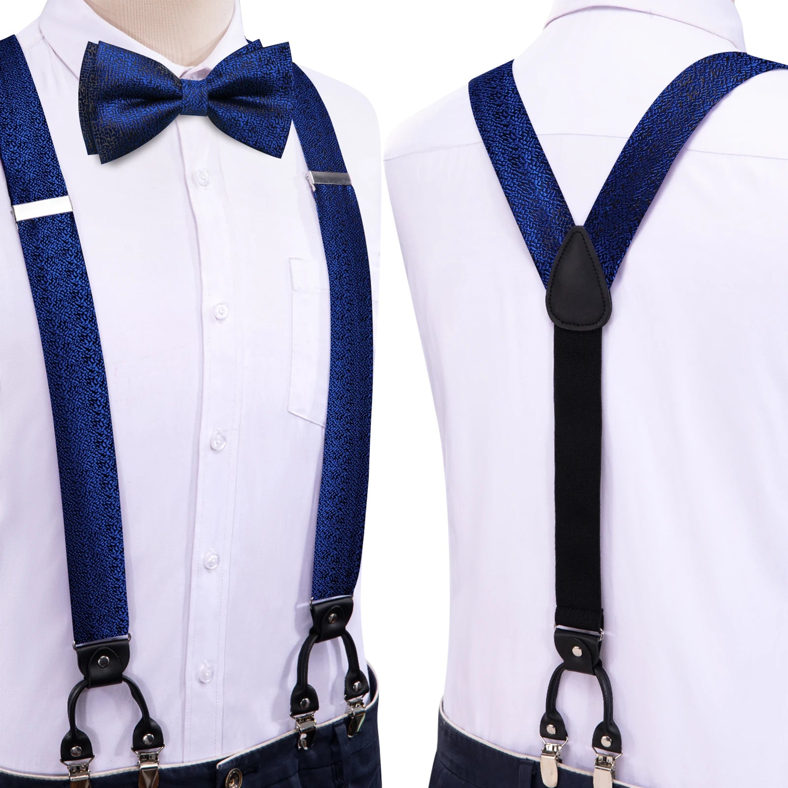 Hi-tie Silk Mens Braces Bowtie Hanky Cufflinks Y Back Clip Adjustable