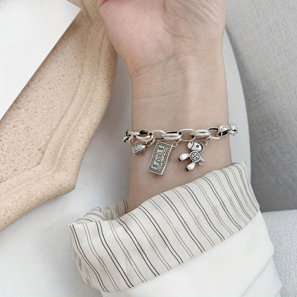 Bracelet for Women Retro Thick Chain Charm Bracelet with Horse Money Bill Fish Pendant Lucky Wealth Jewelry Birthday Gift Qme