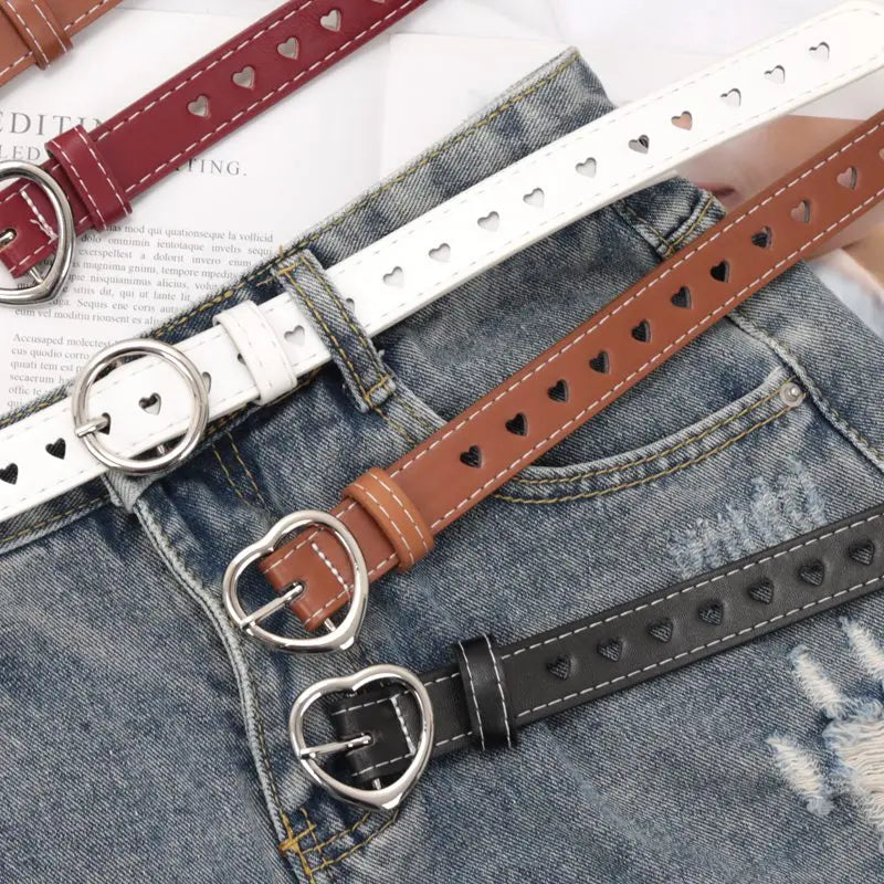 Women PU Leather Belt Hollow Out Loving Heart Ladies Waist Qme