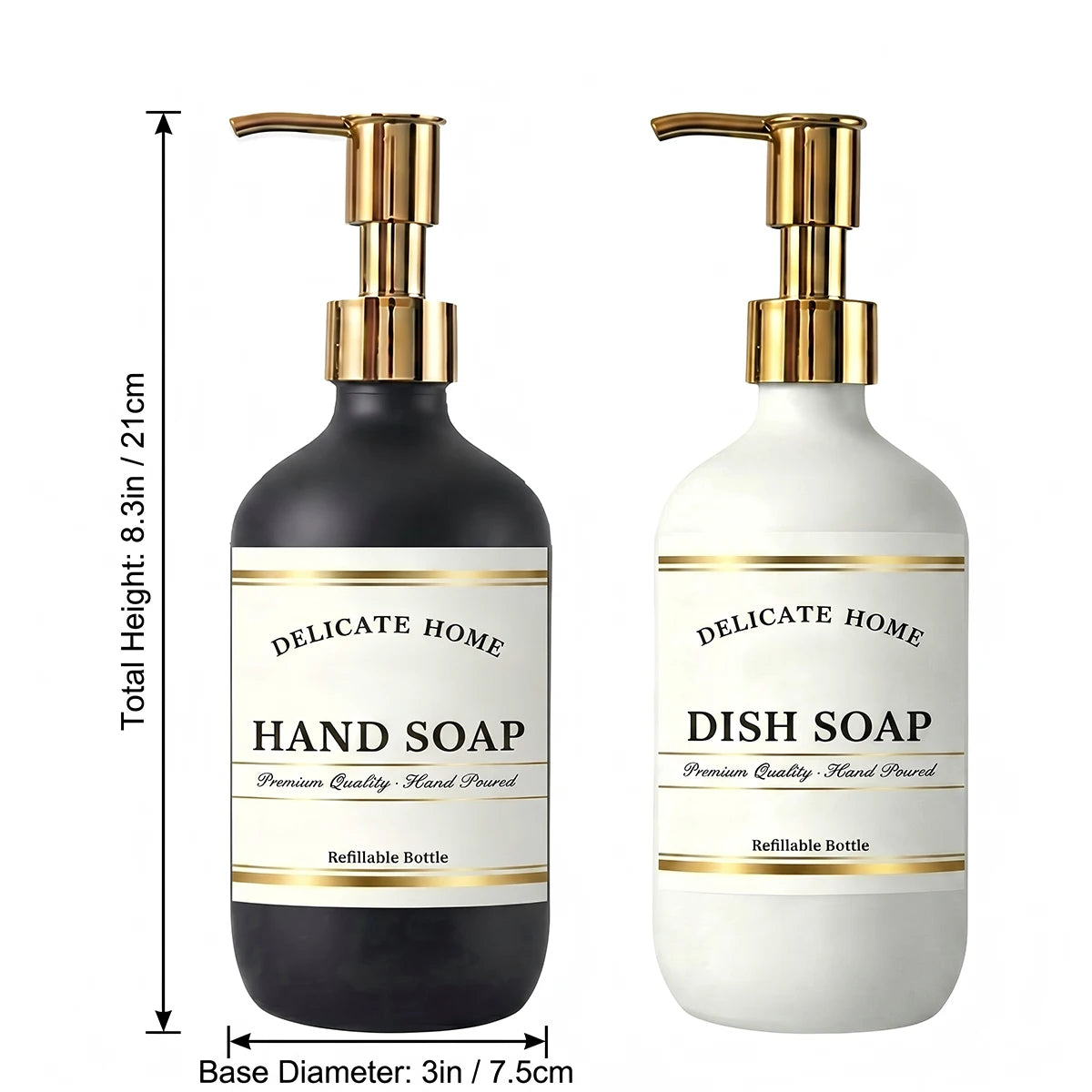 Kitchen Soap Dispenser Set- Matte Black and White Plastic Hand & Dish Soap Dispensers-16oz Refillable Bottles with Gold Pumps Qme