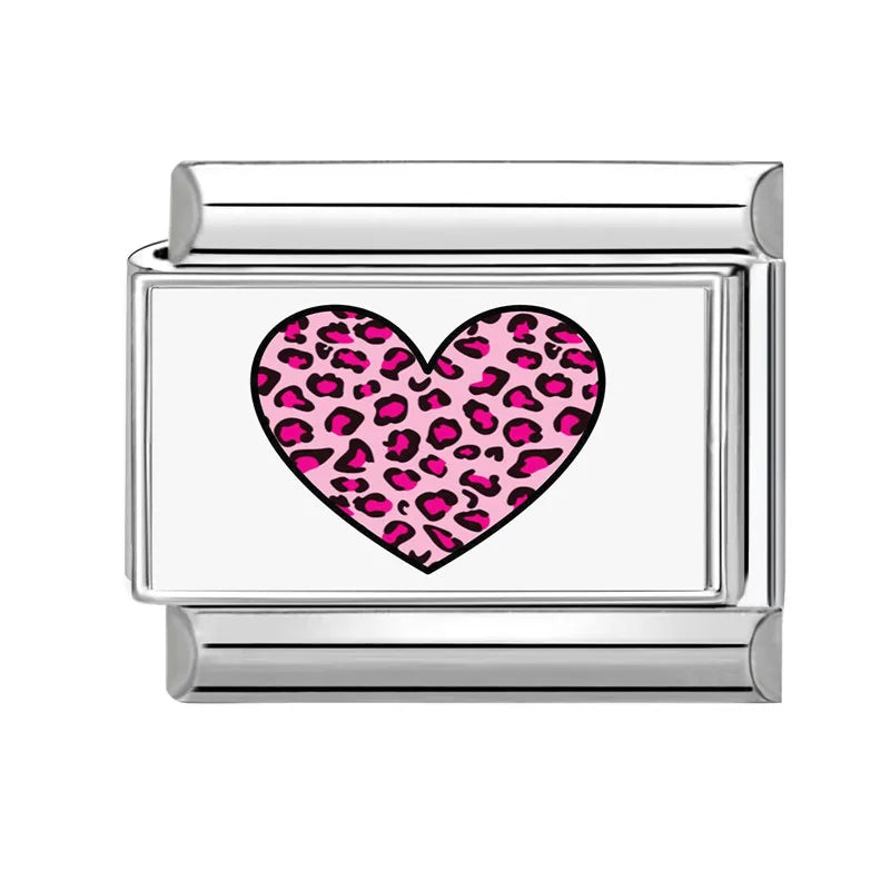 Fashion Women Romantic Heart Lucky you Leopard Polka Point Color Patterns Italian Charm Fit 9mm Stainless Steel Bracelet Jewelry Qme Style 2