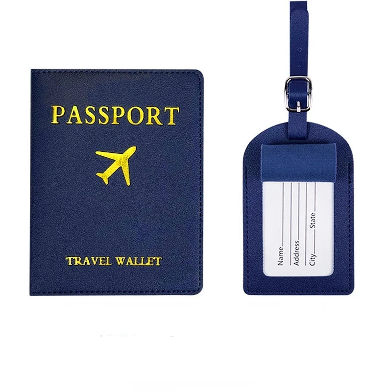PU Leather Luggage Tag Passport Holder Set Passport Protective Cover Travel Portable ID Credit Card Holder Travel Accessories Qme Dark Blue
