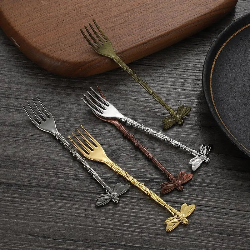 6pcs Stainless Steel Vintage Forest Style Coffee Spoon Dessert Spoon Dragonfly Branch Spoon Gift Craft Ice Cream Fork Spoon Set Qme