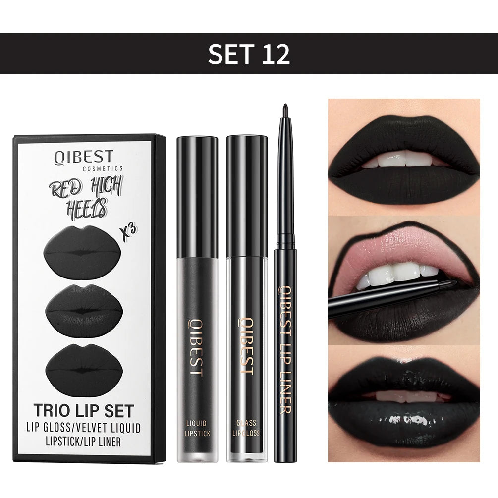 QIBEST Matte Liquid Lipstick&Lip Liner&Lip Gloss 3Pcs Sets Long Lasting Non-stick Cup Red Black Purple Lip Tint Cosmetics Kits Qme 12