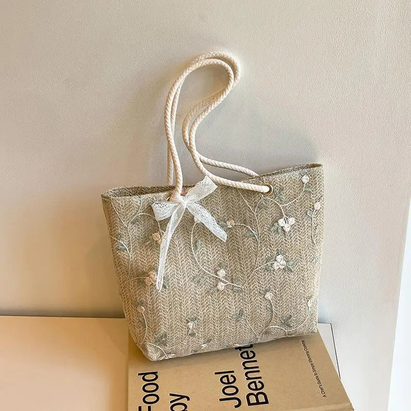 Woven Straw Tote Bag With Floral Embroidery And Lace Bow Detail Shoulder Bag Perfect For Daily Commute Beach Trips Shopping Qme Khaki