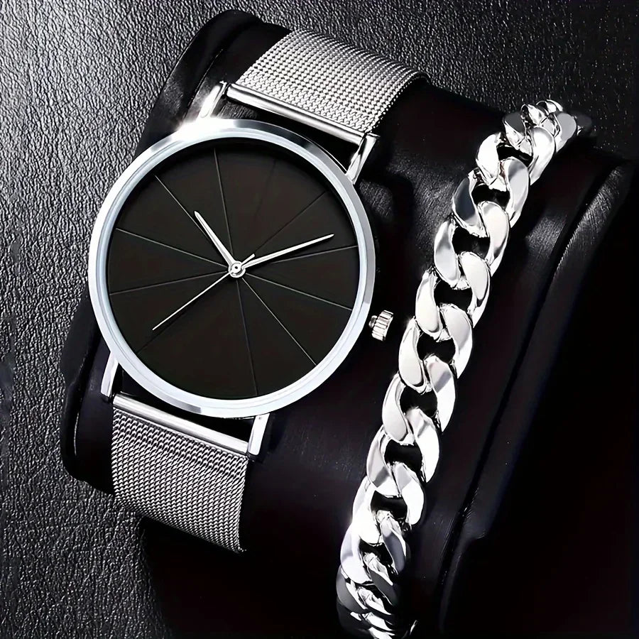 2pcs/set Men's Business Minimalist Quartz Watch Stainless Steel Mesh Band Wrist Watch & Bracelet, Father's Day Valentine's Day Qme set 2 No