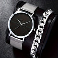 2pcs/set Men's Business Minimalist Quartz Watch Stainless Steel Mesh Band Wrist Watch & Bracelet, Father's Day Valentine's Day Qme set 2 No