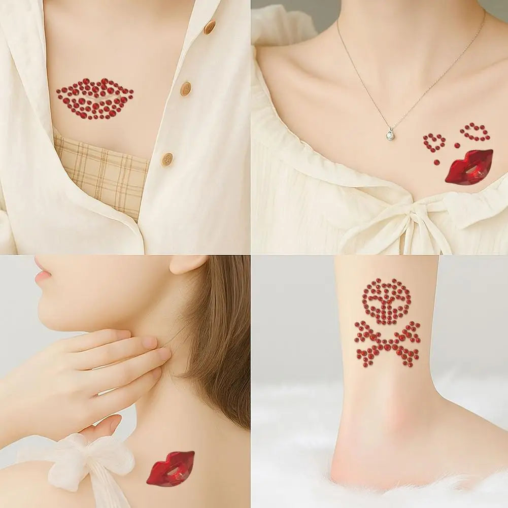 Red Heart Lips Rhinestone Tattoos Self-adhesive Glitter Face Body Qme