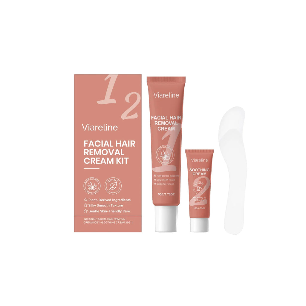Viareline Facial Hair Remover Cream Kit for Chin Lip Hair Growth Inhibitor Painless Non-irritating Smooth Face Depilatory Cream Qme 1set