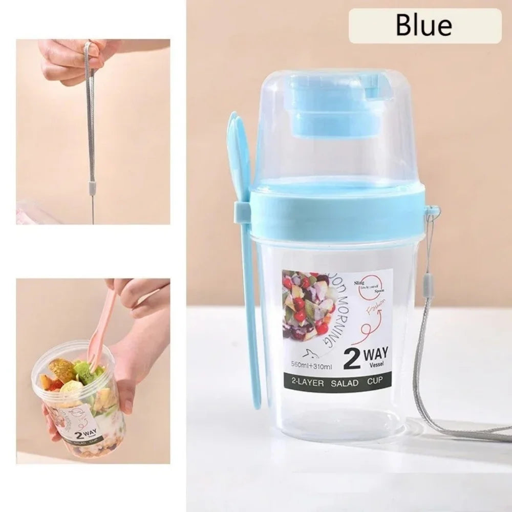 Portable Salad Double Layer Cup Fruits Oatmeal Yogurt Breakfast Lunch Box Food Storage Cup Outgoing Overnight Cup with Lid Spoon Qme Blue