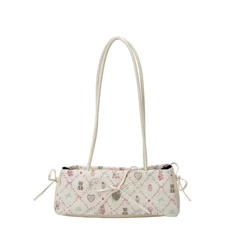 Sweet Bow Shoulder Bag Cartoon Print Underarm Bag Female Tote Bag Versatile Large Capacity Commuter Handbag Holiday Gift Qme White