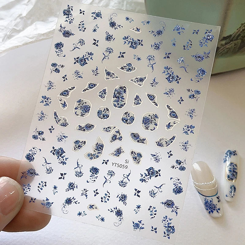 Blue White Porcelain-style 3D Nail Art Stickers Self-adhesive Qme E
