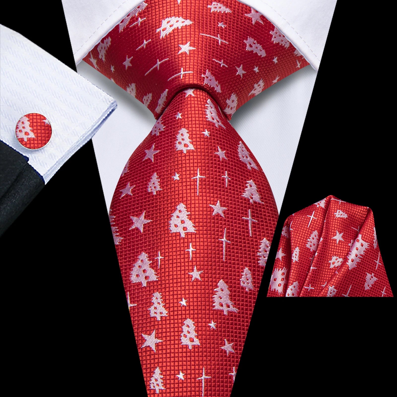 Christmas Red Tie Set 3 Pieces Men Necktie Pocket Square Cufflinks Xmas Wedding Party Suit Accessories Gifts for silk Boyfriend Qme HT-LDSN2064