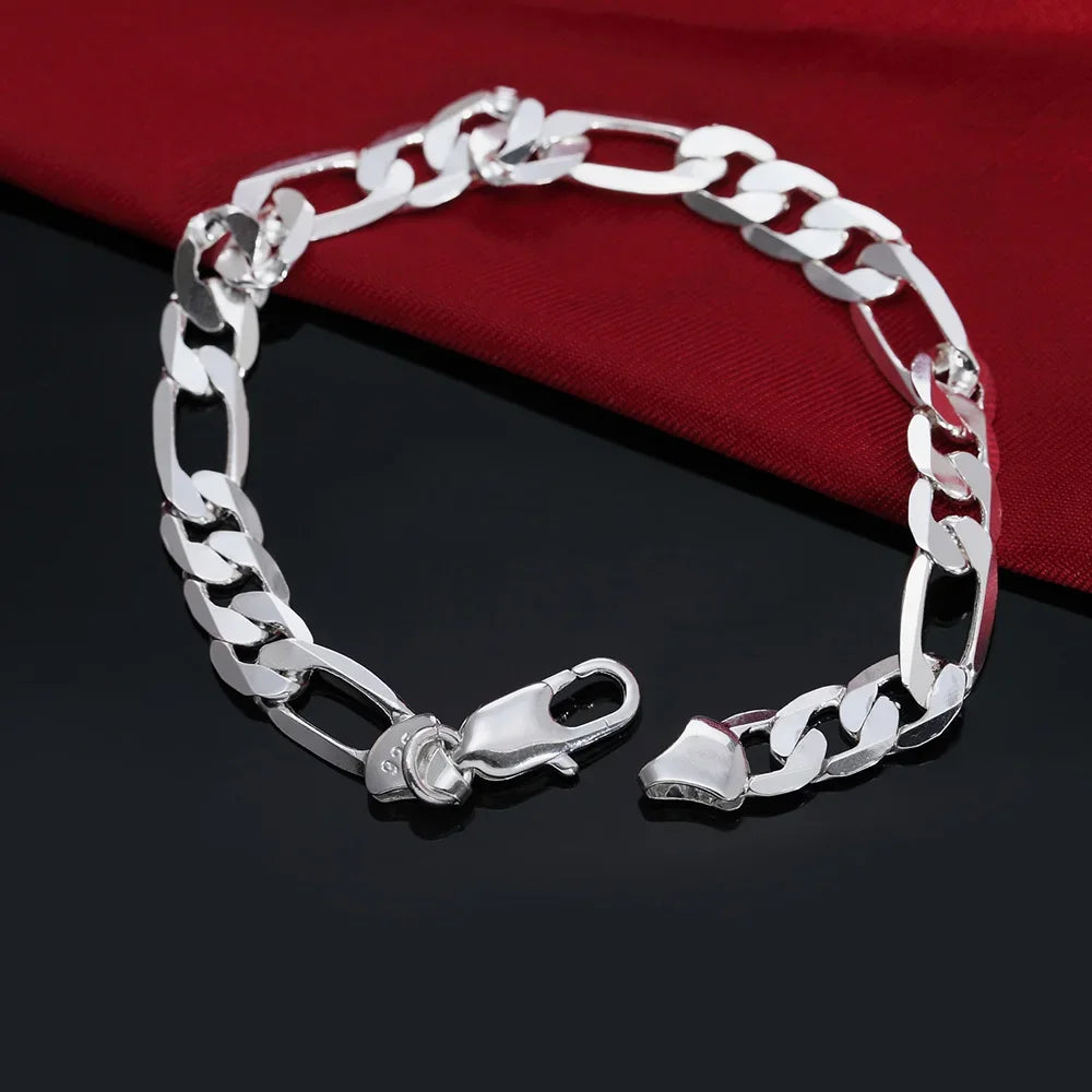 925 Sterling silver Classic 8MM flat chain men's Bracelets Wedding party Wild Christmas Gift fashion Jewelry Qme 20cm 8inches